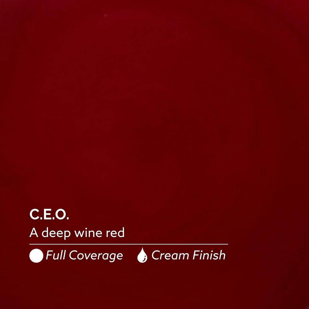 Dazzle Dry C.E.O. lacquer swatch close-up showing deep wine red pigment payoff