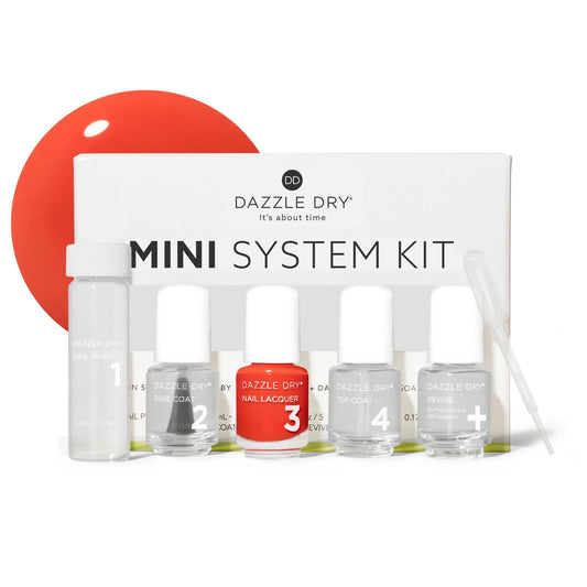 Dazzle Dry mini kit front packaging showing all five bottles and benefits