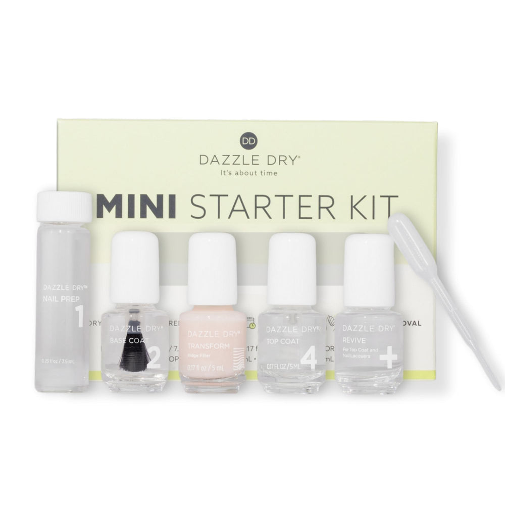 Dazzle Dry mini kit packaging front showing complete starter contents and quick-dry benefit