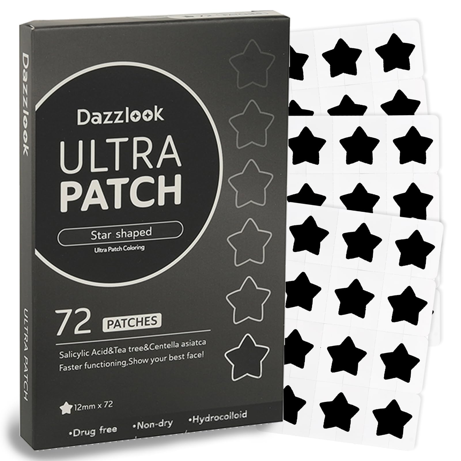 Dazzlook front packaging showing black star pimple patches and 72-count benefit