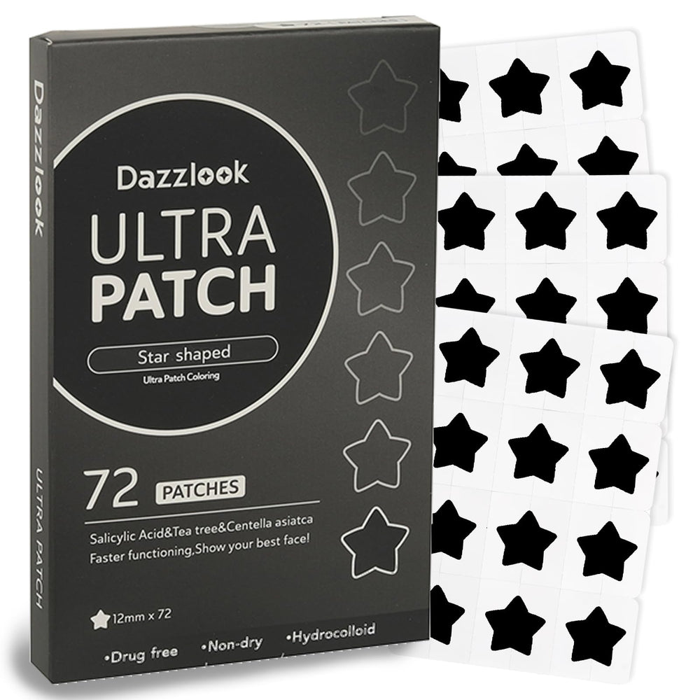 Dazzlook front packaging showing black star pimple patches and 72-count benefit
