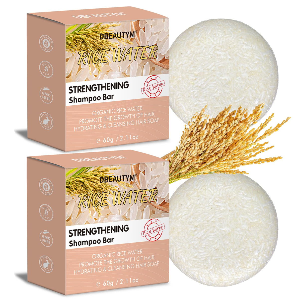 DBEAUTYM front packaging showing rice water shampoo bars and benefits