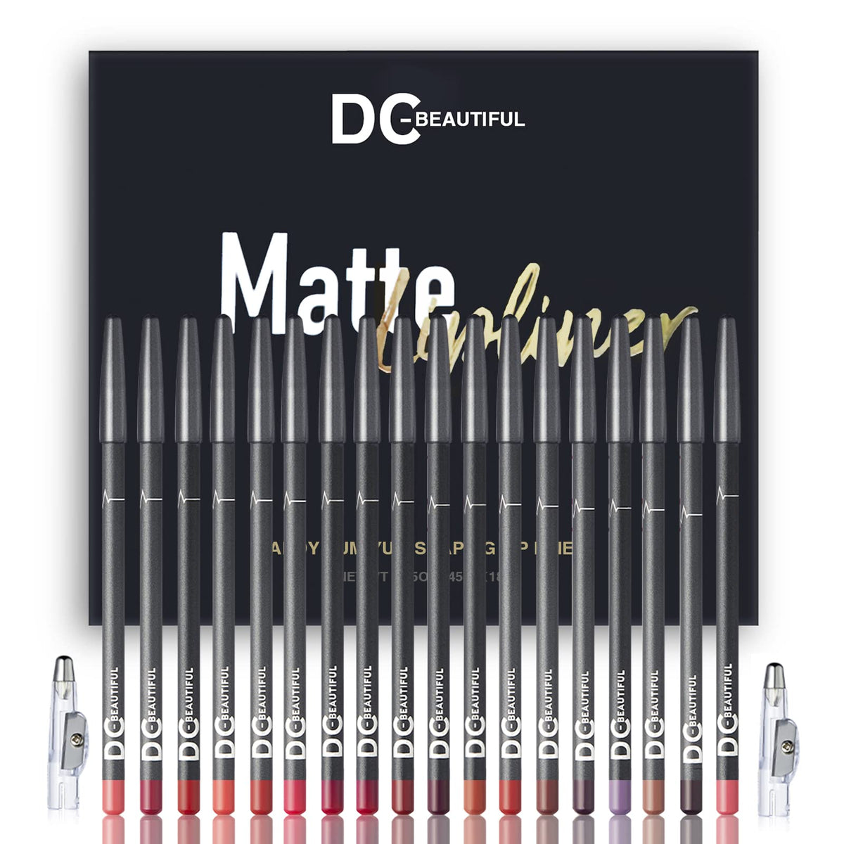 DC-BEAUTIFUL front packaging showing 18 lip pencils and two sharpeners benefits convenience