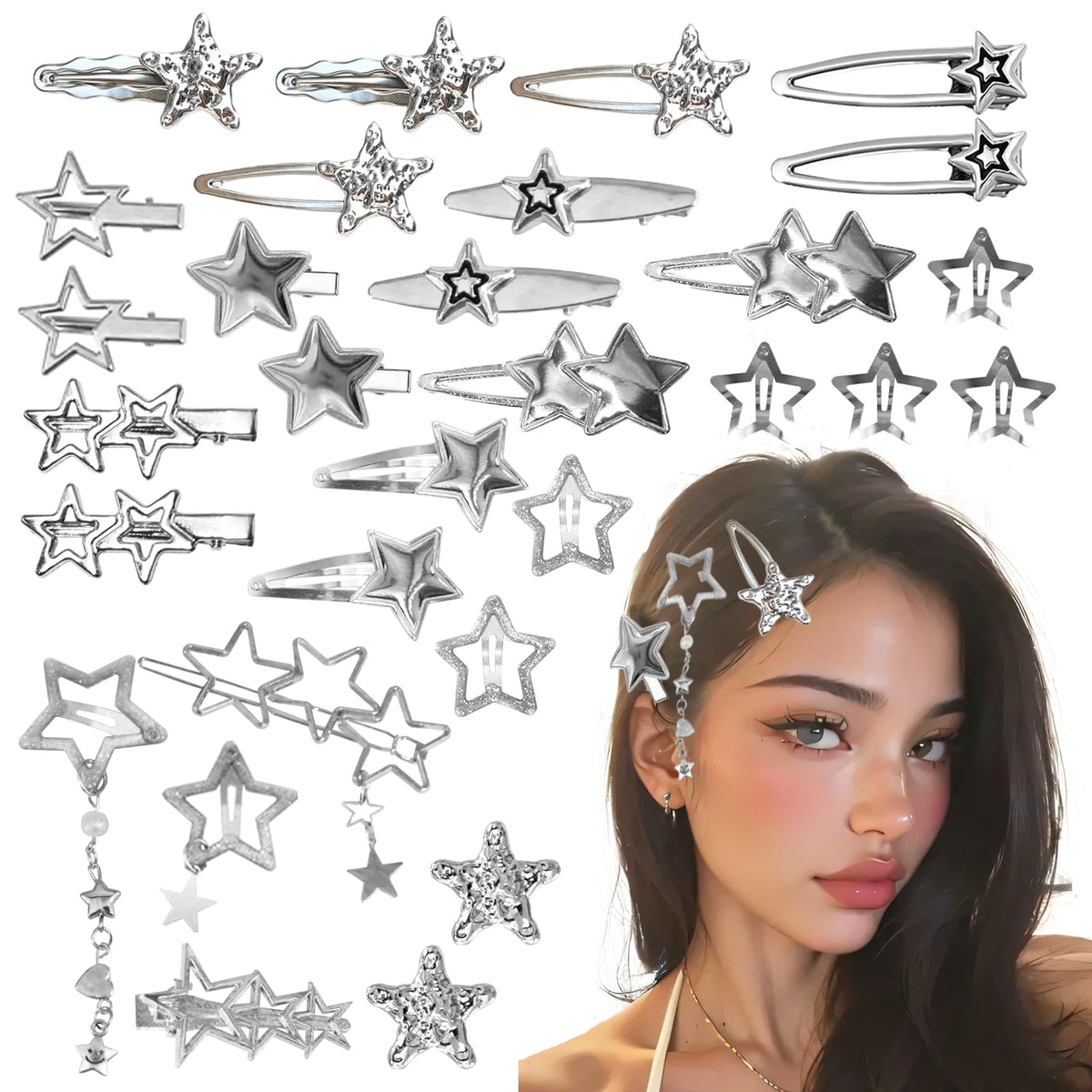 dceakopwh front packaging showing 30 silver star clips, neat assortment benefit