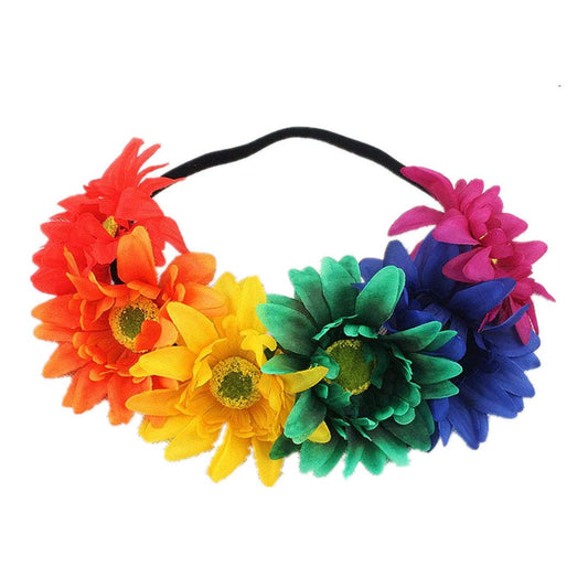 DDazzling sunflower crown front view showing vibrant rainbow petals and boho styling benefit