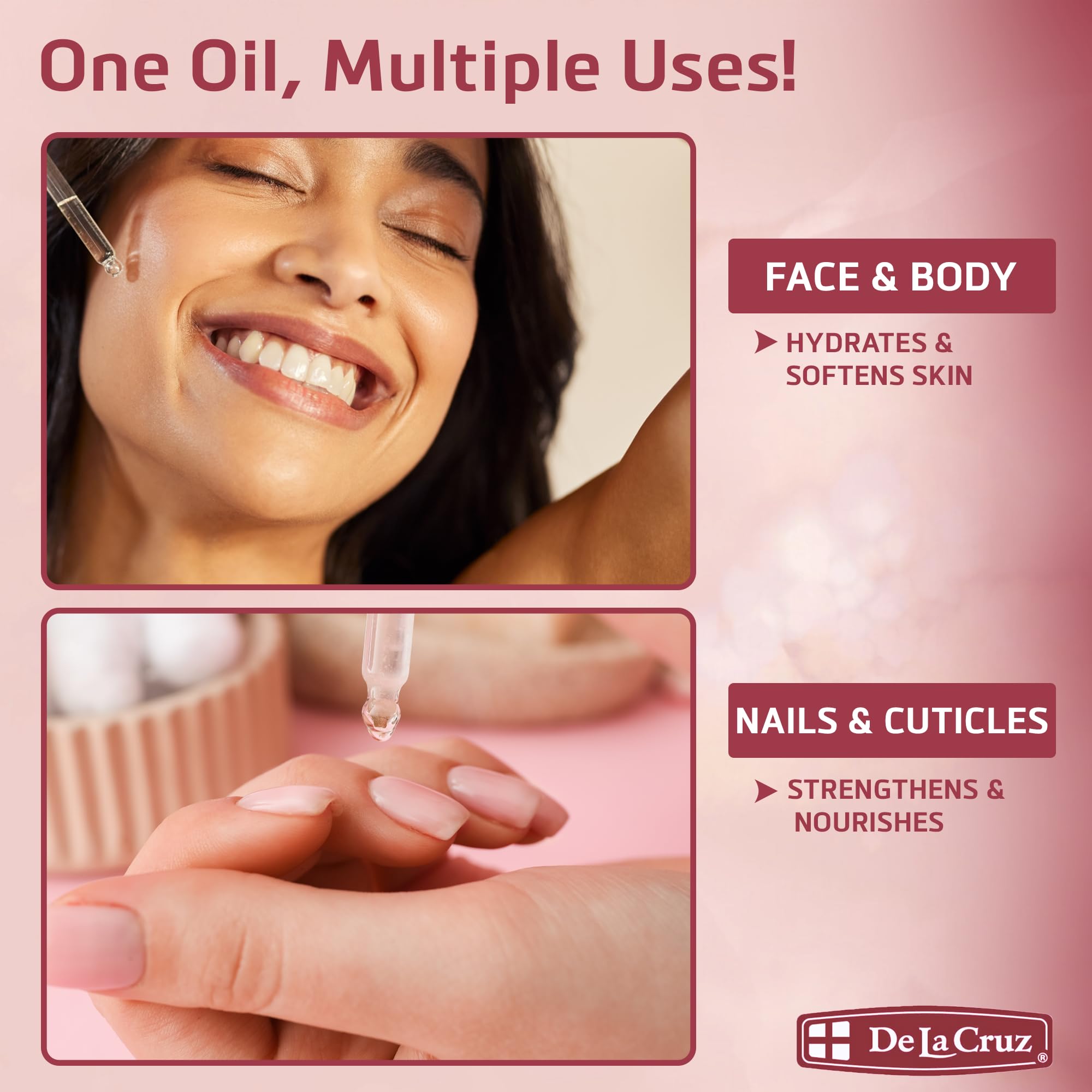 De La Cruz applying oil to face demonstrating smoothing and moisturizing benefit
