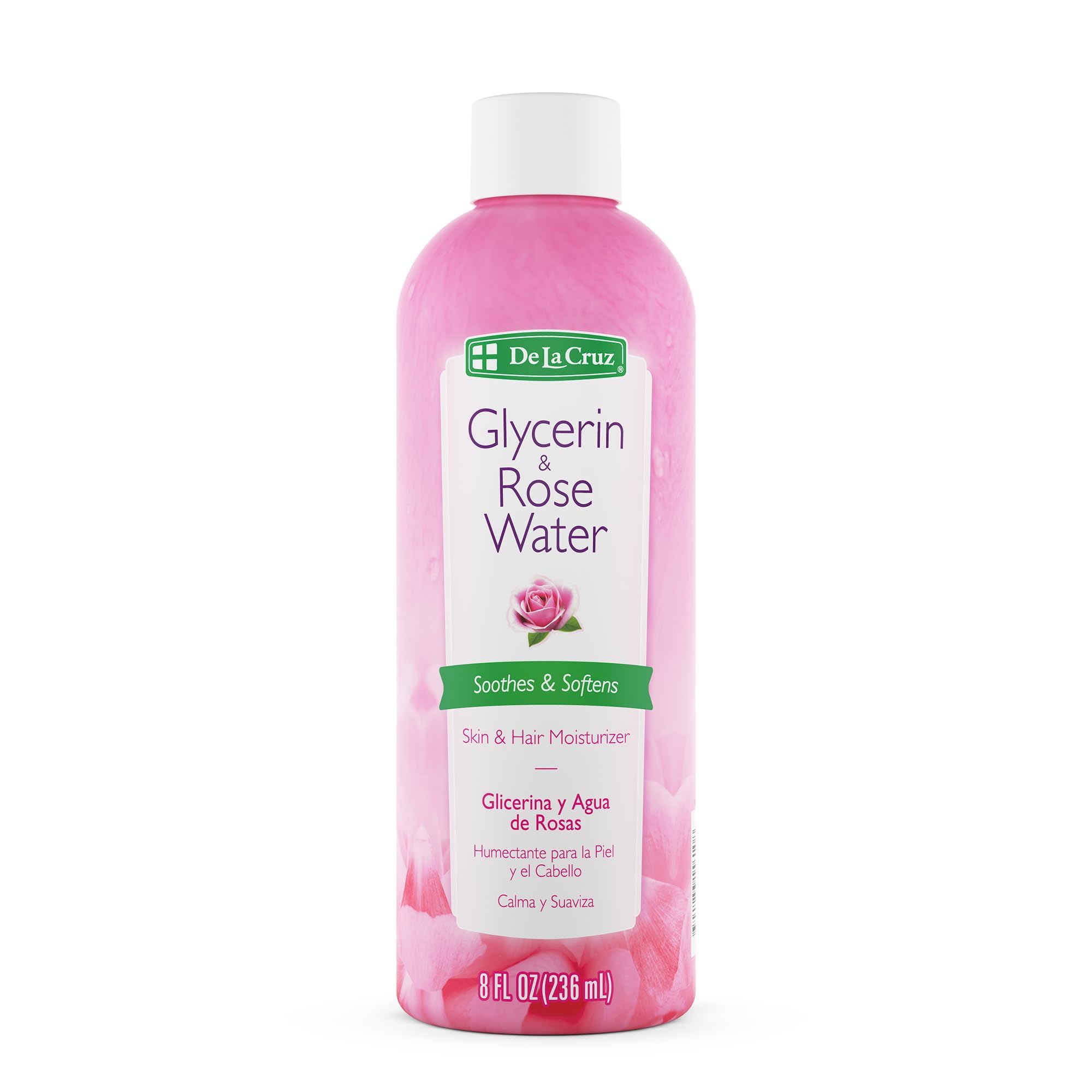 De La Cruz front bottle showing rose water glycerin and benefits of hydration