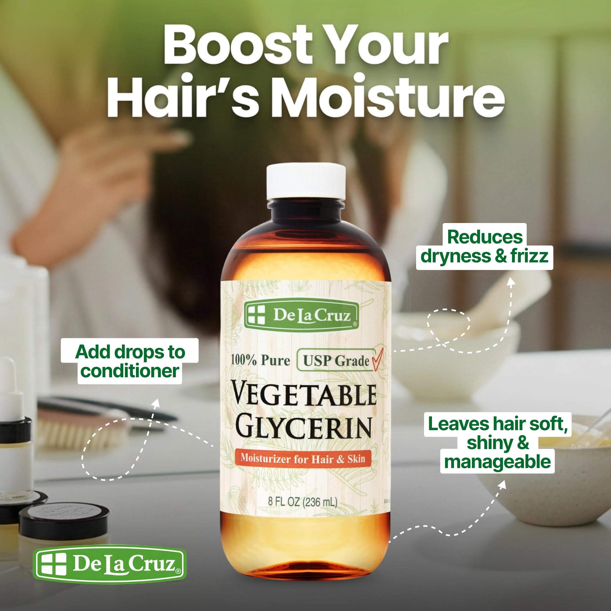 De La Cruz bottle next to bath to suggest relaxing moisturizing soak benefits
