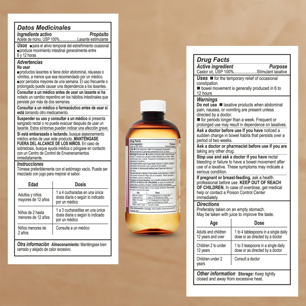 De La Cruz bottle beside castor seeds illustrating single-ingredient purity