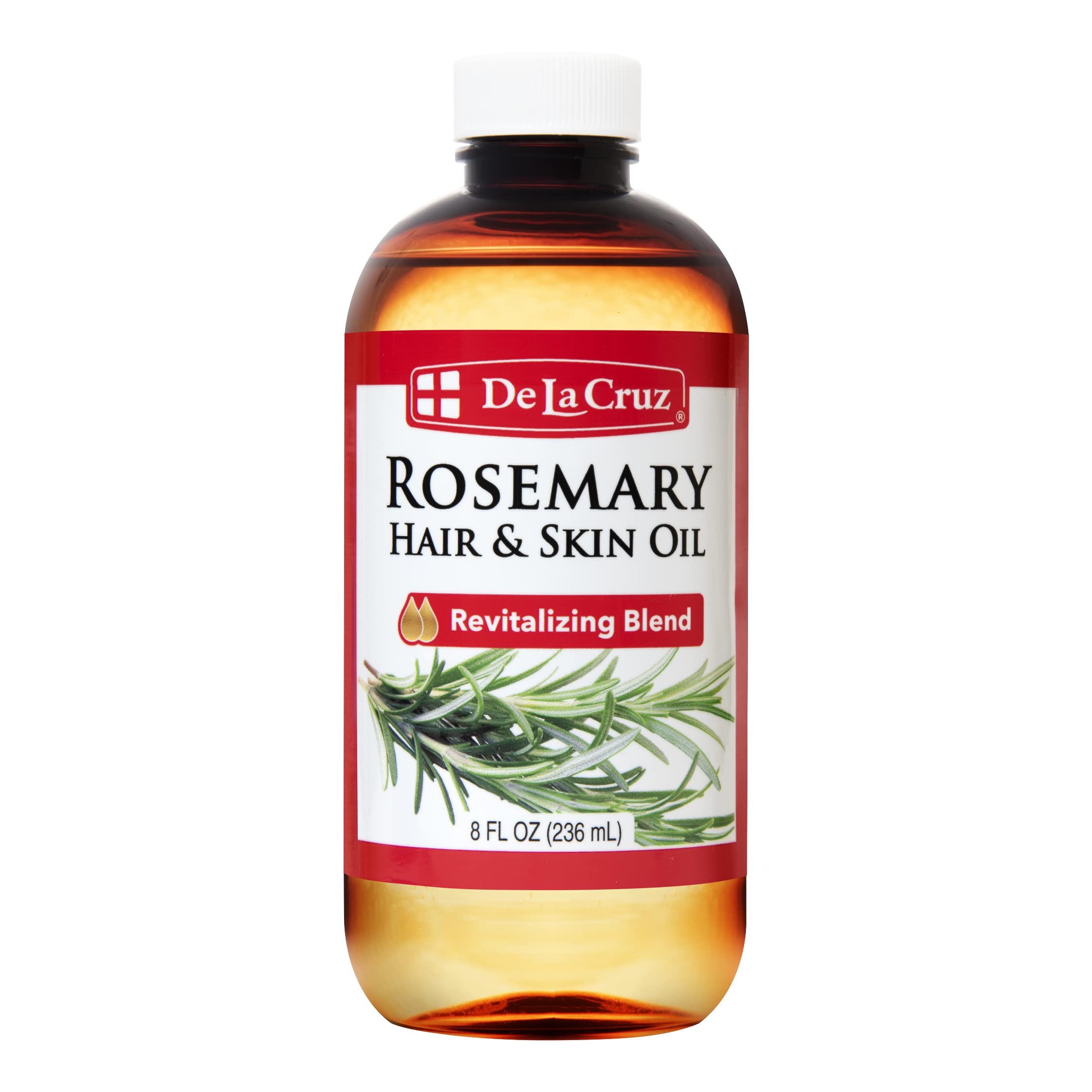 De La Cruz front bottle showing rosemary oil blend and volume benefits