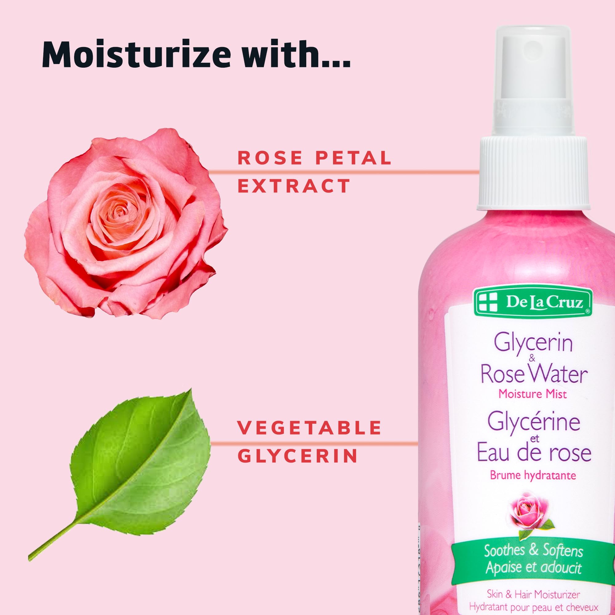 De La Cruz mist on bathroom vanity beside skincare for daily routine