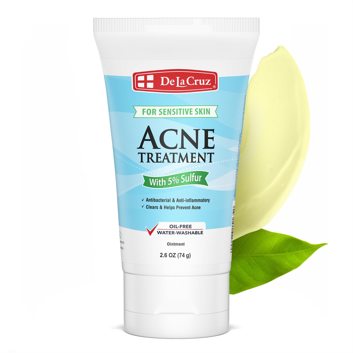 De La Cruz tube front view showing branding and 2.6oz size for quick identification