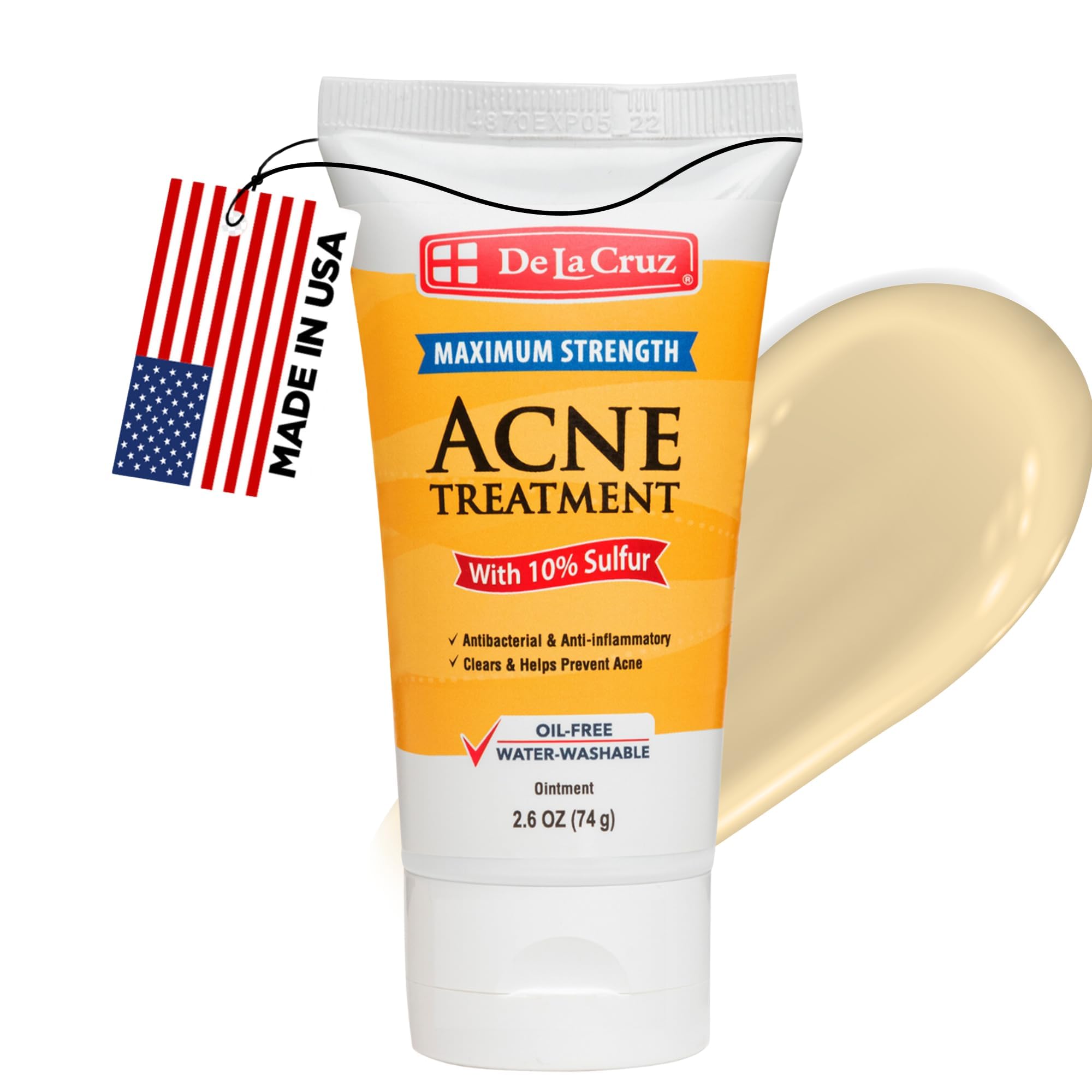 De La Cruz tube front view showing clear labeling and quick blemish relief