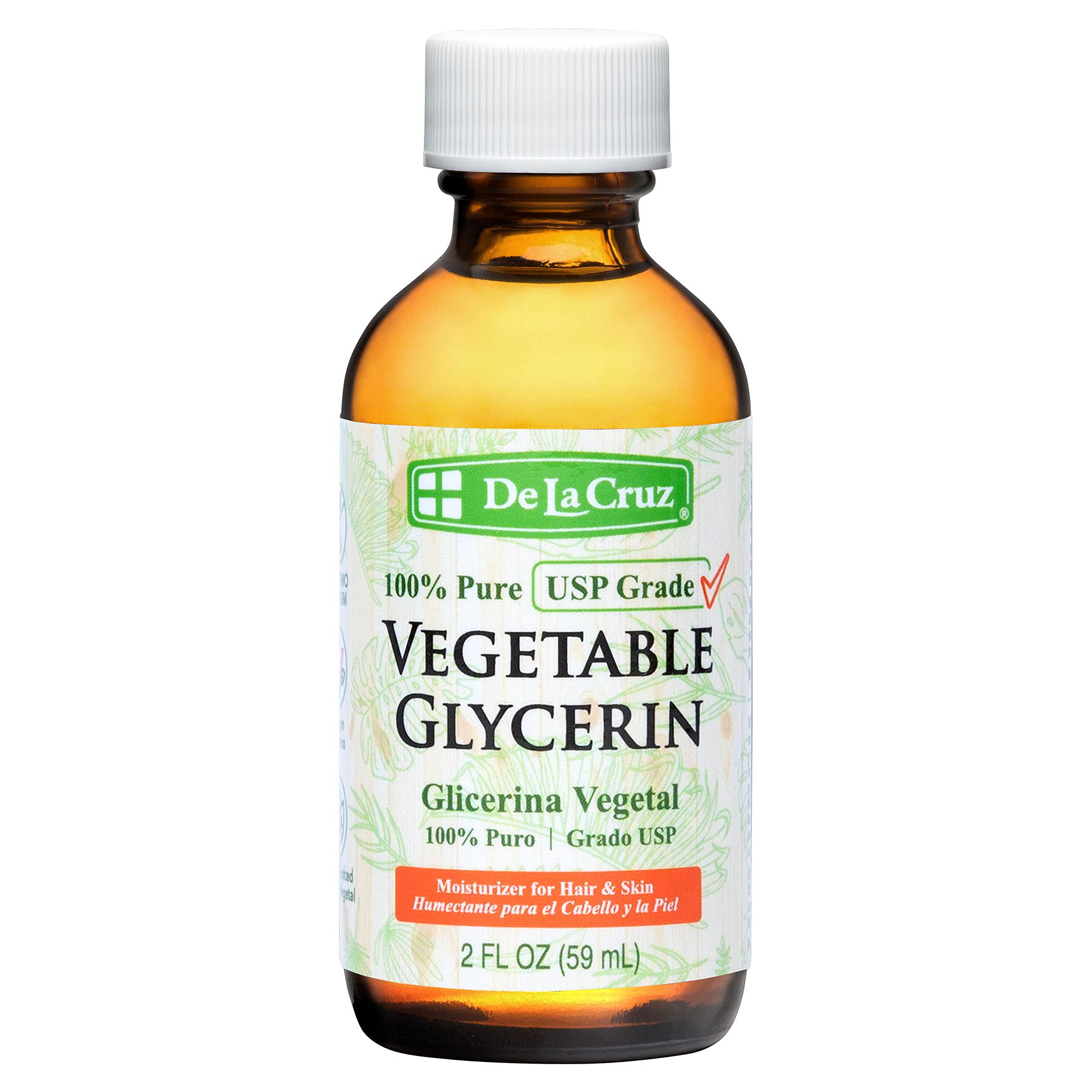 De La Cruz glass bottle front showing clean glycerin packaging and storage benefit