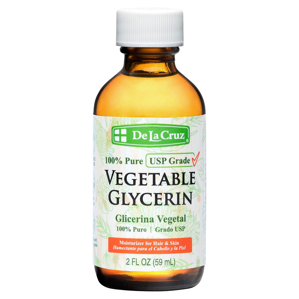 De La Cruz glass bottle front showing clean glycerin packaging and storage benefit
