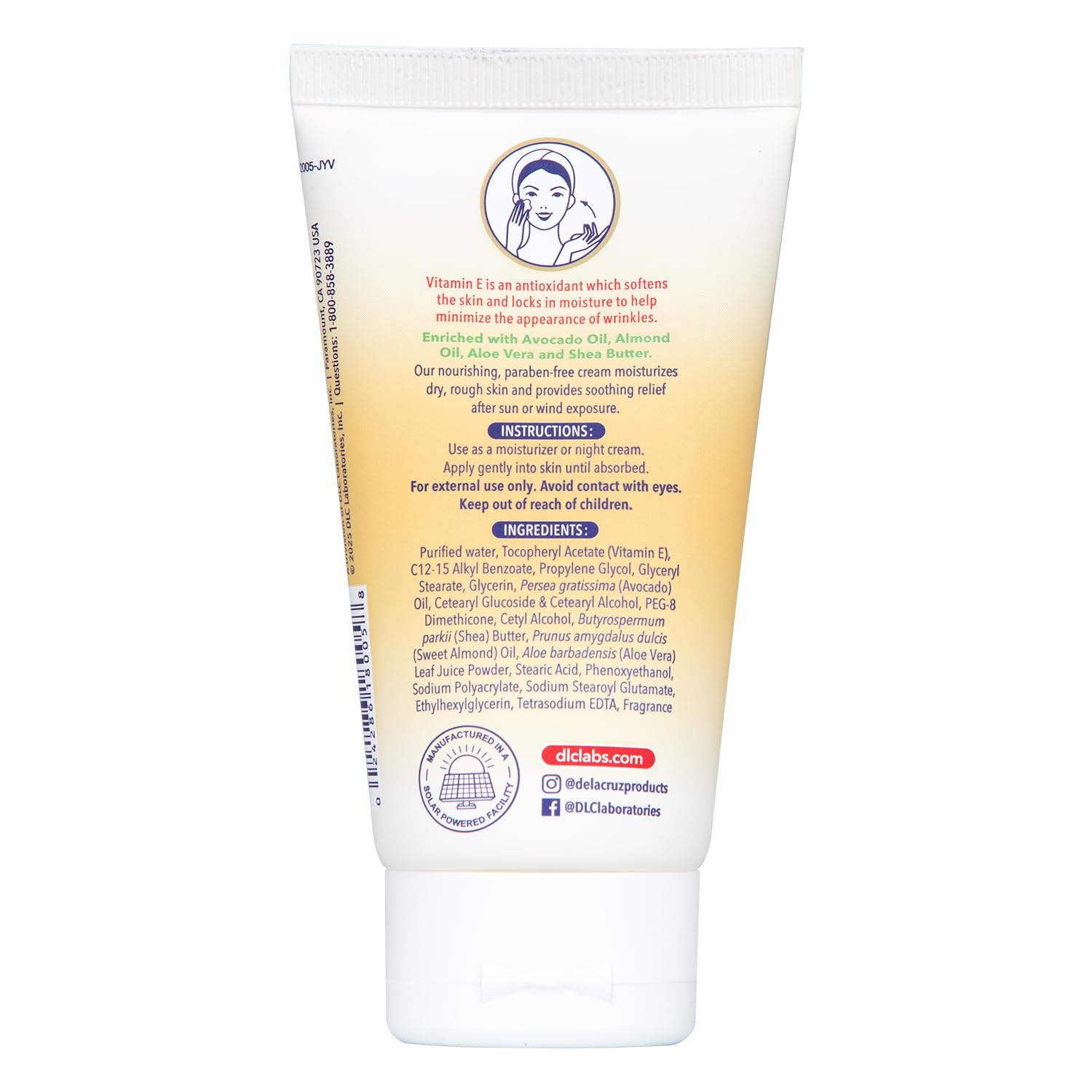 De La Cruz back label close-up listing ingredients and usage benefits