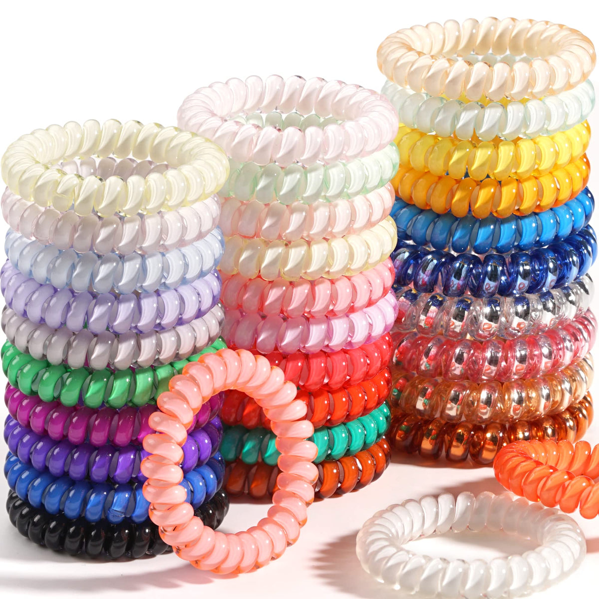 DealEachDay front packaging showing 32 spiral hair ties and candy colors, quick selection benefit