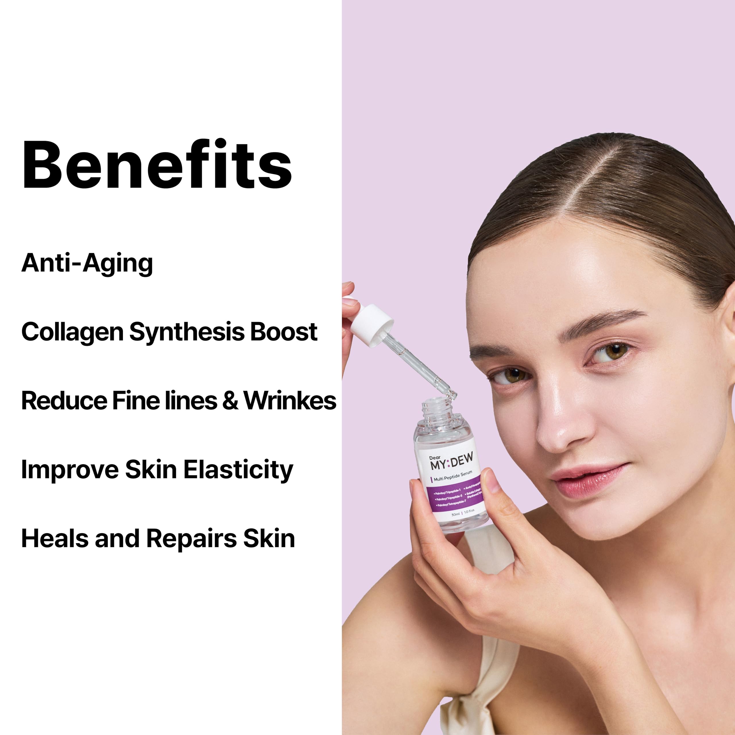 DearMYDEW label close-up highlighting active peptides and clean formula