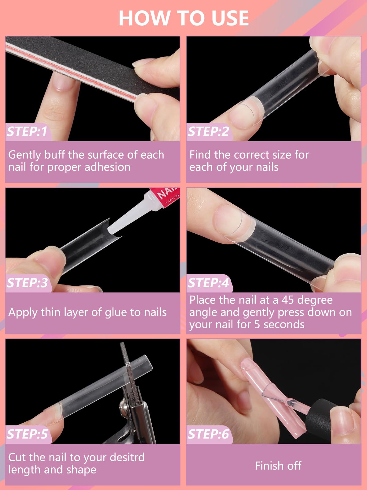 Deciniee applying a tip with glue, demonstrating secure adhesion and neat finish