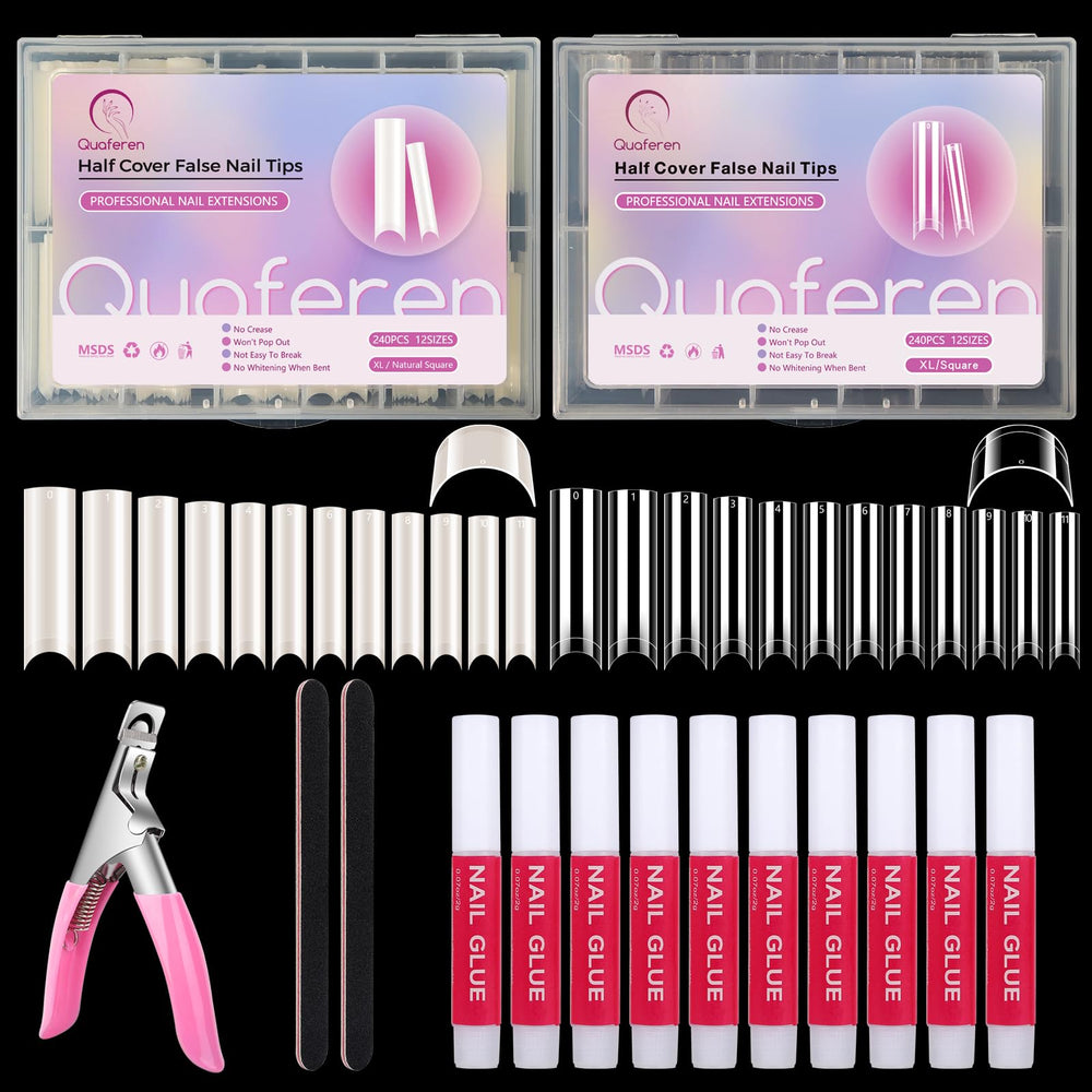 Deciniee front packaging showing 480 nail tips and glue, ready for salon use
