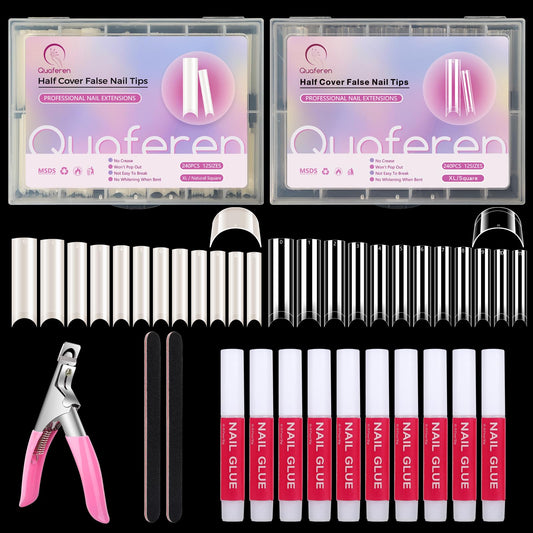 Deciniee front packaging showing 480 nail tips and glue, ready for salon use