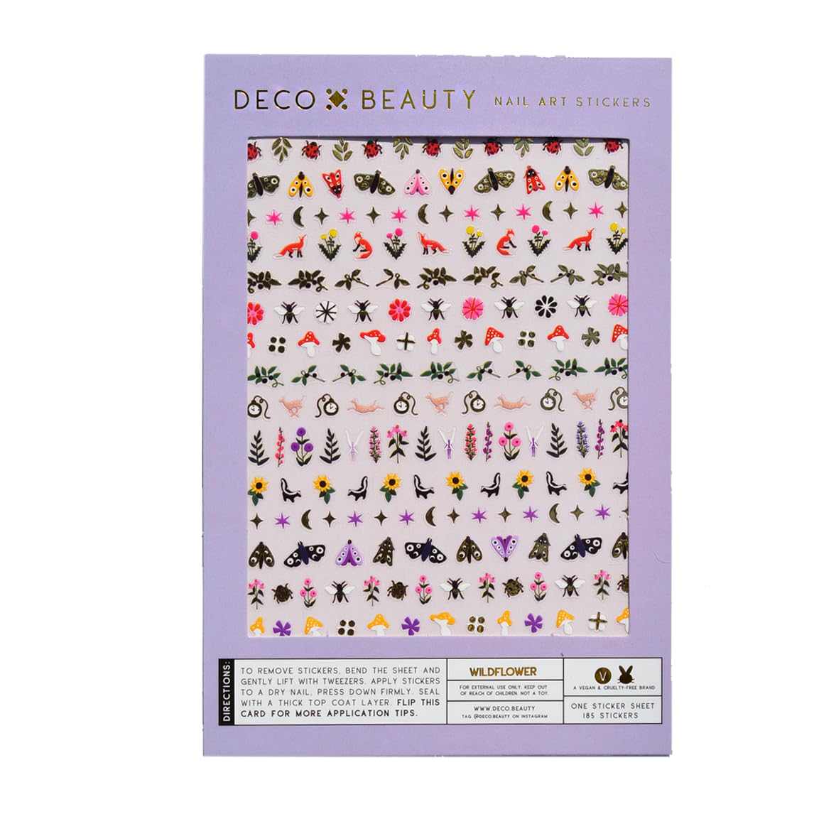 Deco Beauty front packaging showing wildflower nail stickers and quick application benefit