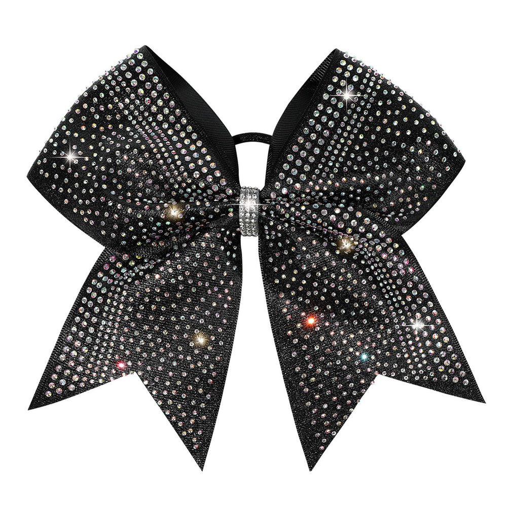 DEEKA front view of black glitter cheer bow showcasing bold sparkle and team-ready style