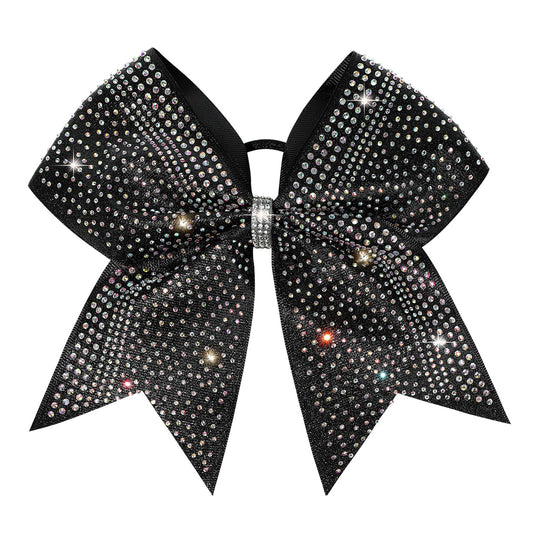 DEEKA front view of black glitter cheer bow showcasing bold sparkle and team-ready style
