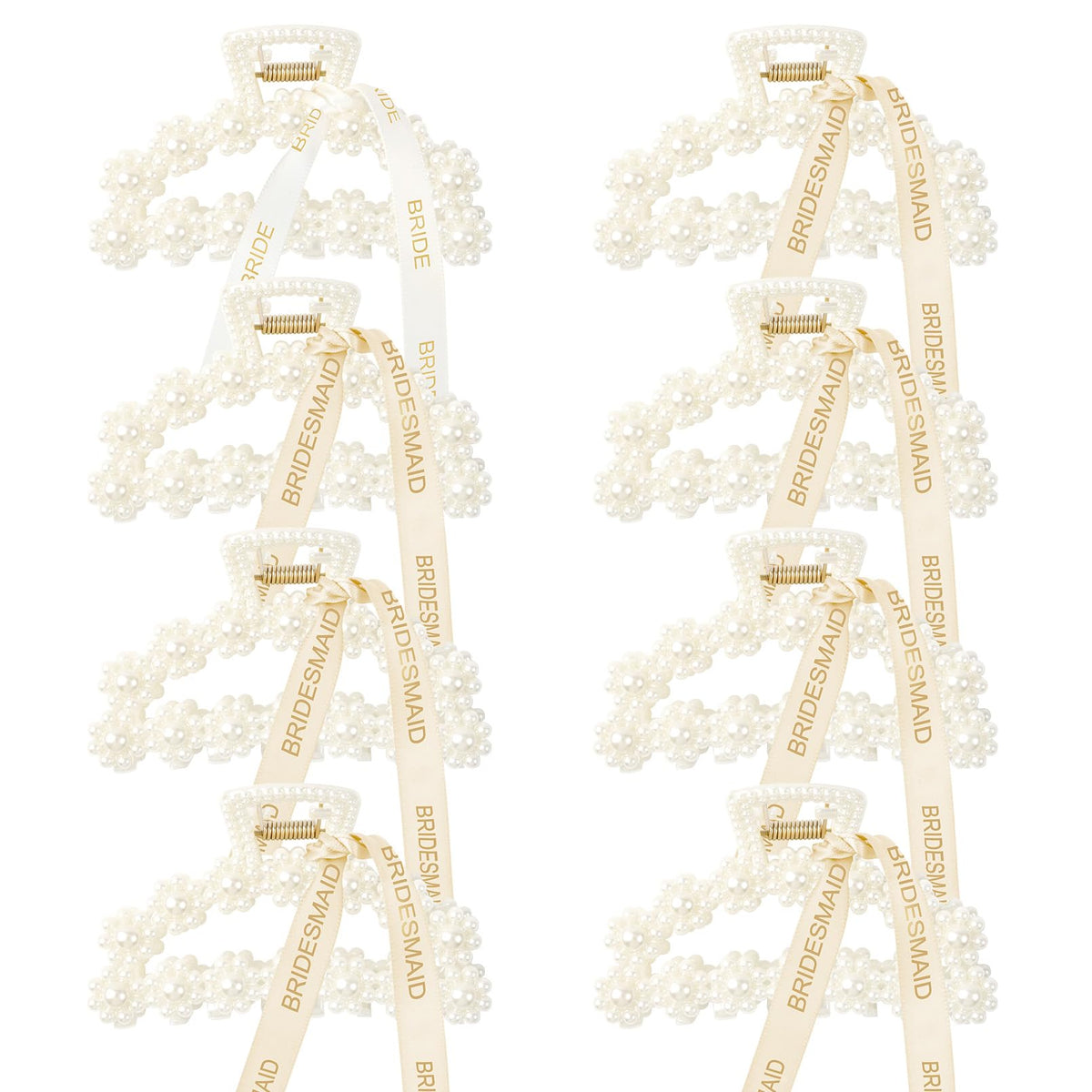 DEEKA front view of eight pearl bridesmaid clips showing gift-ready presentation and elegance