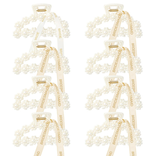 DEEKA front view of eight pearl bridesmaid clips showing gift-ready presentation and elegance