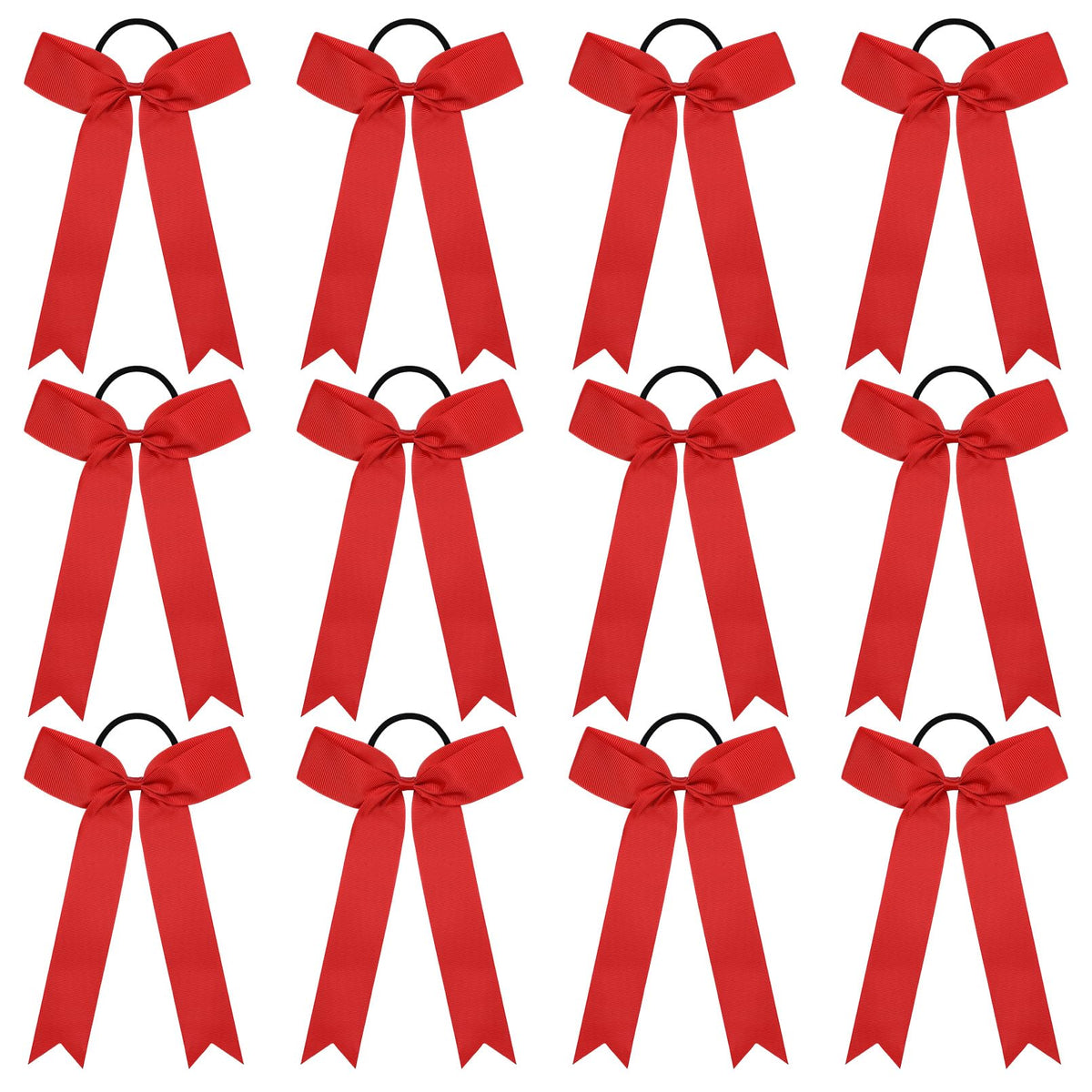DEEKA front view of red collegiate cheer bow showing shape and shine benefit of visibility