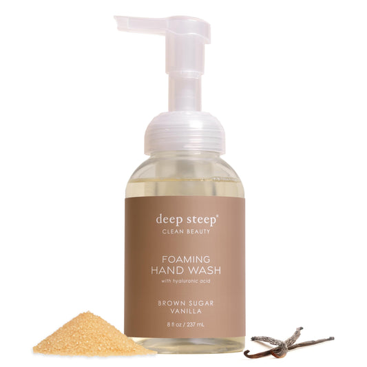 Deep Steep front packaging showing Brown Sugar Vanilla and clean-beauty benefits