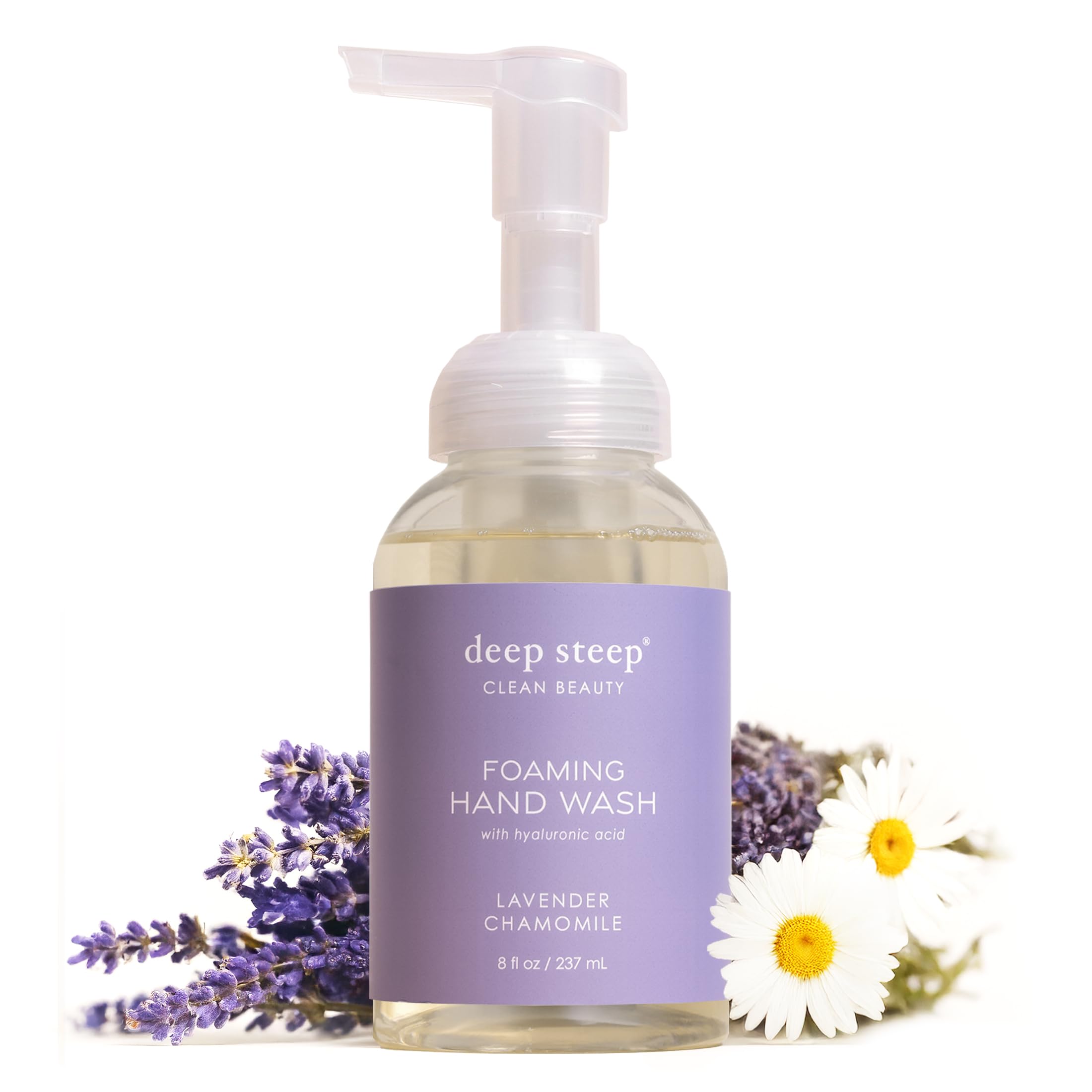 Deep Steep front pump bottle showing lavender chamomile label and easy dispensing benefit
