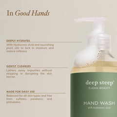 Deep Steep label close-up highlighting olive oil, aloe and hyaluronic acid benefits