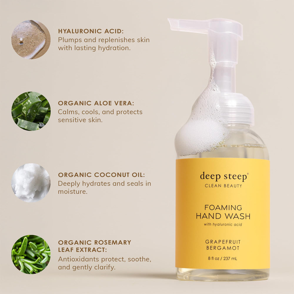 Deep Steep bottle with lemon and cream props conveying fresh scent benefit