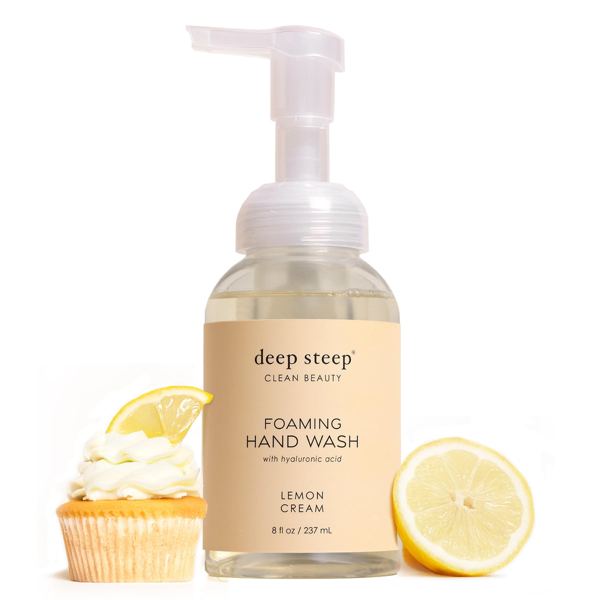 Deep Steep front pump bottle showing lemon cream scent and easy dispensing benefit