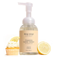 Deep Steep front pump bottle showing lemon cream scent and easy dispensing benefit