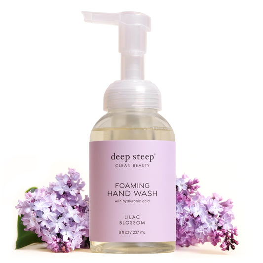 Deep Steep bottle front label showing lilac blossom scent and benefits