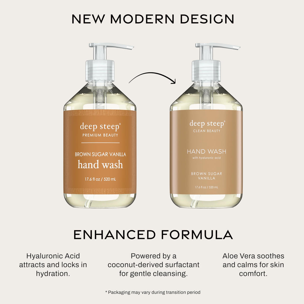 Deep Steep pump closeup and label emphasizing clean-beauty formulation and easy dispensing