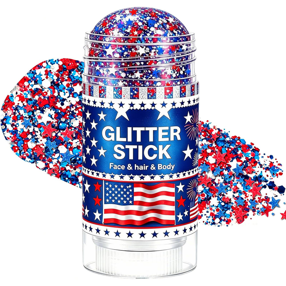 Deepmind glitter stick front packaging showing red white blue stars and colors