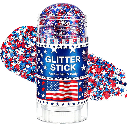 Deepmind glitter stick front packaging showing red white blue stars and colors