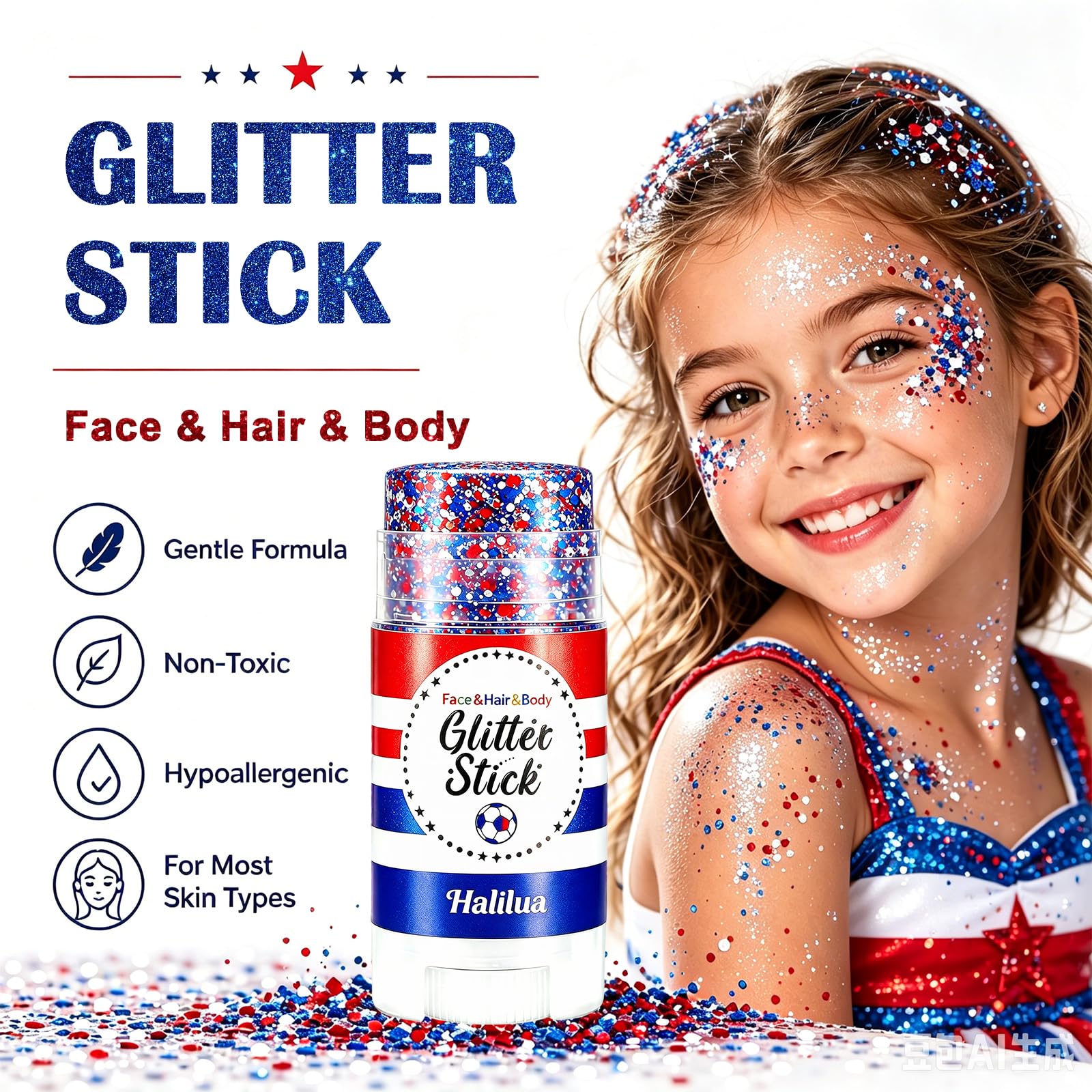Deepmind glitter stick on wet skin demonstrating water-resistant sparkle and durability