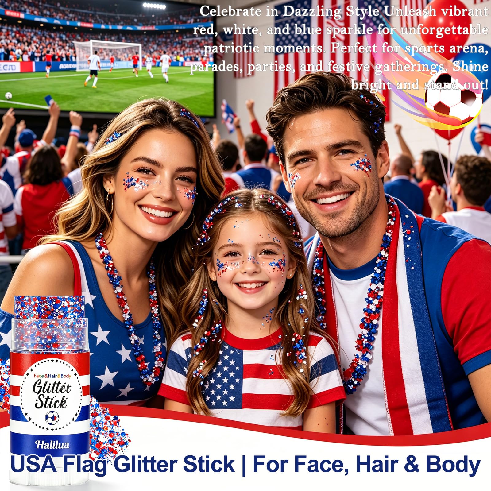 Deepmind glitter stick in a parade scene adding patriotic flair to outfit and festivities