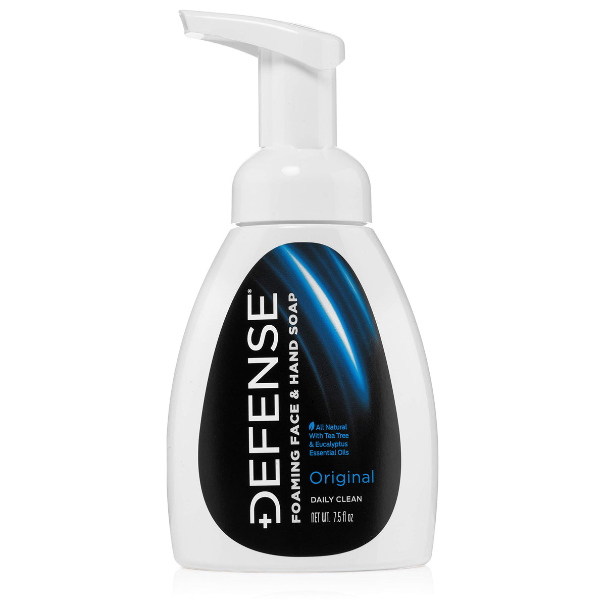 Defense Soap bottle front view showing label and pump, clear indication of product