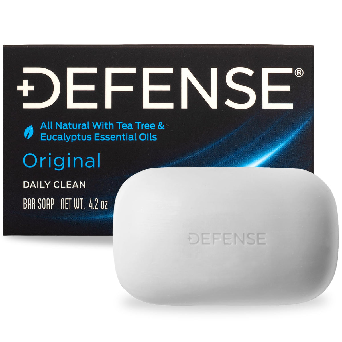 Defense Soap bar front packaging showing brand and natural oils benefit