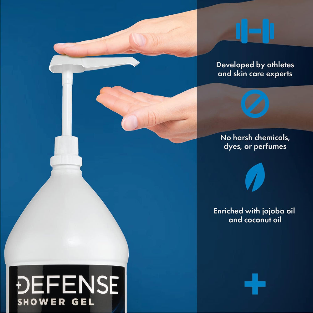 Defense Soap bottle next to dumbbell illustrating gym-friendly bulk size convenience