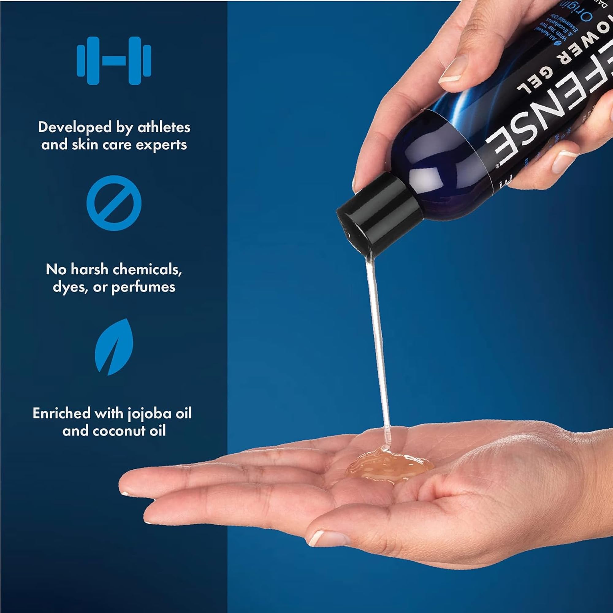 Defense Soap bottle on shower shelf for easy post-workout use