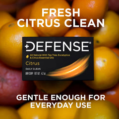 Defense Soap citrus ingredients label with tea tree and eucalyptus focus