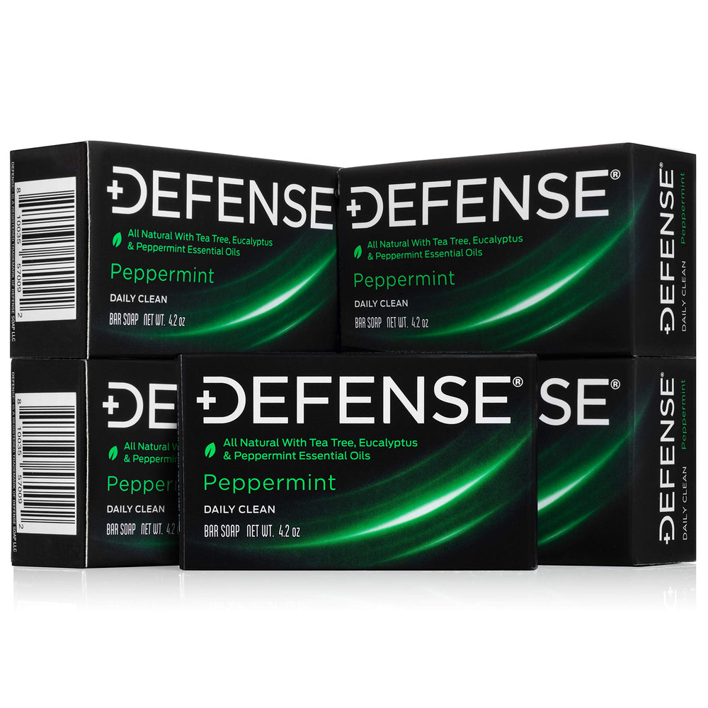 Defense Soap front packaging showing five bars and product benefits