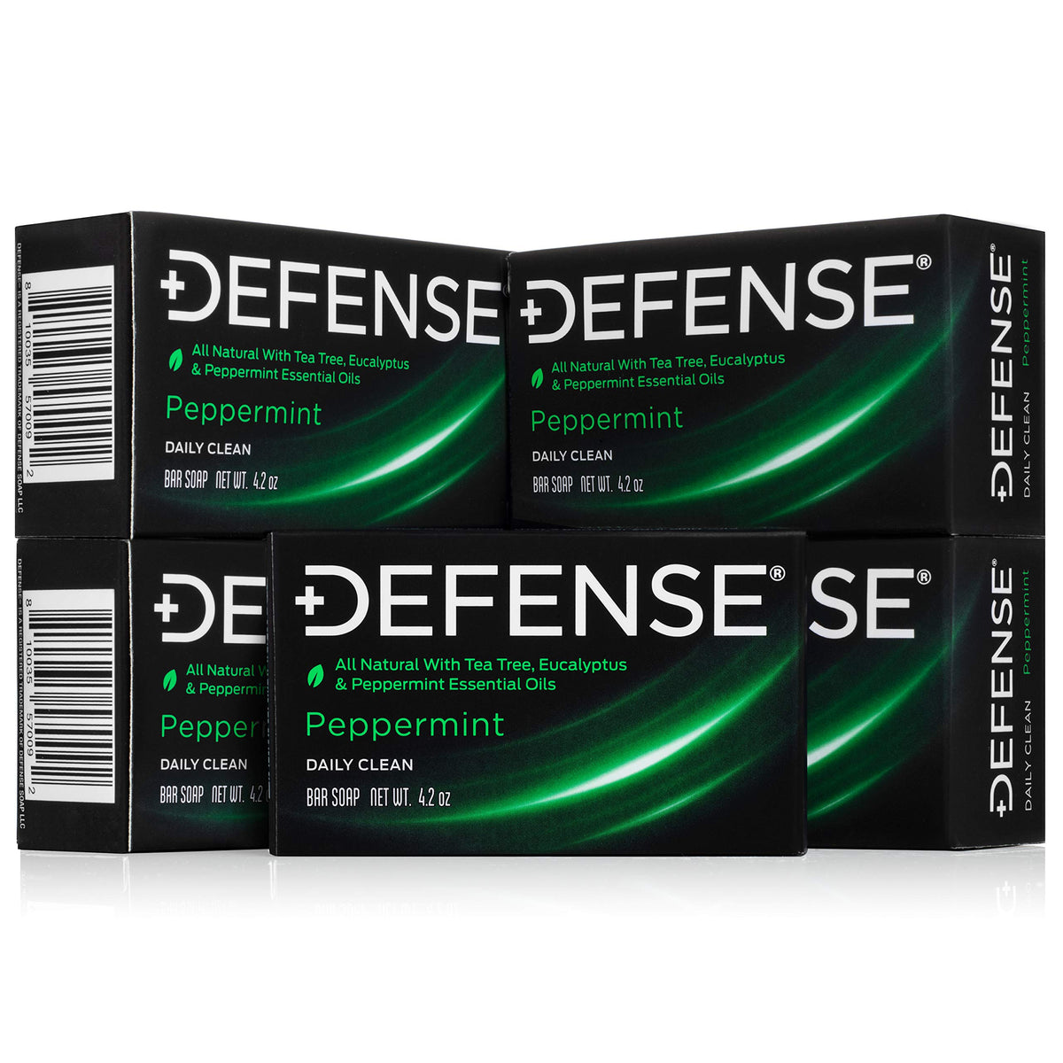 Defense Soap front packaging showing five bars and product benefits
